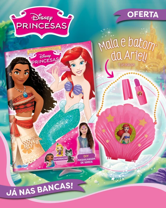 A nova edição das tuas princesas preferidas está de volta às bancas! ✨ Lê e diverte-te com uma nova aventura da Ariel e da sua prima. Conseguirão elas retratar, no mar, o que de tão bonito tem a superfície? Tens, também, diversos desafios e jogos para te entreteres. De oferta, recebes uma mala e um batom (de brincar) da Ariel. 💄