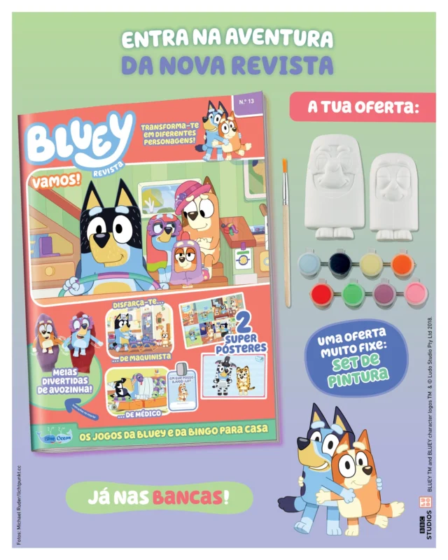 A família Heeler está de volta e, desta vez, traz consigo duas Avozinhas superdivertidas! Na nova edição da revista Bluey podes descobrir desafios incríveis e manualidades para fazeres com os teus pais! De oferta, levas ainda as Avozinhas para pintar!