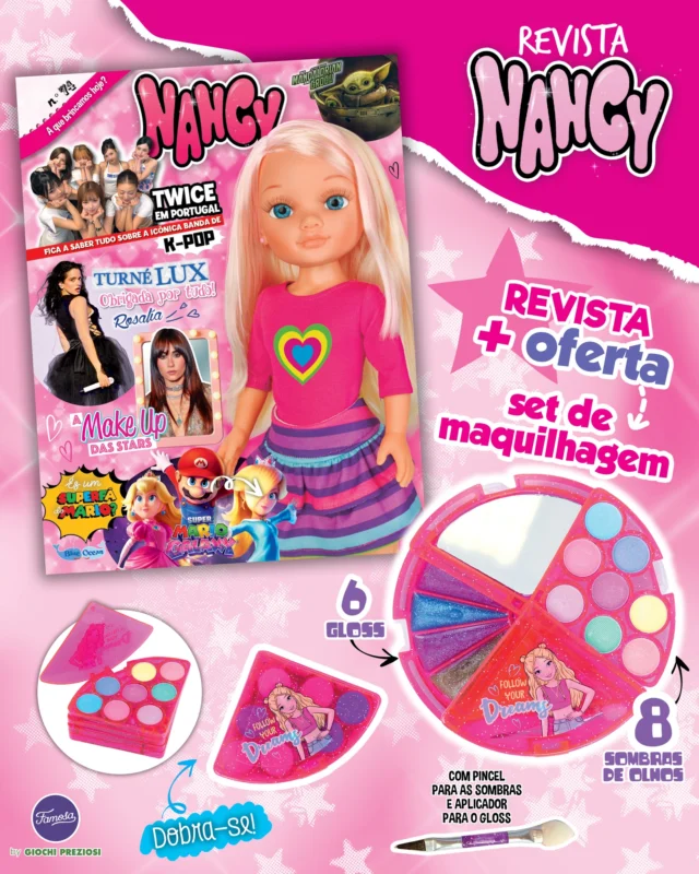 A nova Nancy já chegou às bancas! 💖

Prepara-te para reviver a magia: celebramos o fenómeno TWICE em Portugal: o concerto que aí vem! E recordamos os momentos mais icónicos da Rosalía na sua passagem por cá! 🎤✨

E porque queremos que brilhes tanto como as tuas artistas favoritas, esta edição traz de oferta um set de maquilhagem irresistível para arrasares todos os dias. 💄

Não fiques sem a tua!