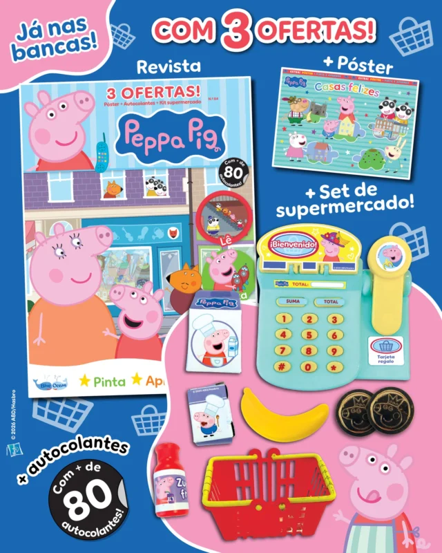 A nova edição da Porquinha Peppa já se encontra nas bancas! ✨ Junta-te a ela numa aventura pela casa do seu amigo, o Raposo Renato, e diverte-te a descobrir sobre os diferentes tipos de casas onde as pessoas vivem. Chama os teus pais e brinquem com as formas geométricas: criem a vossa casa ou alguma outra que tenham visto e gostado. De oferta, recebes um incrível set de supermercado. Oinc! 🐽