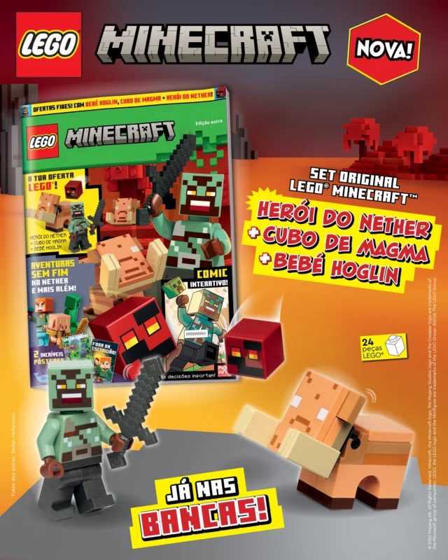 Chegou às bancas uma nova edição da revista LEGO® Minecraft™. Desfruta do comic interativo, dos jogos e muito mais. Além disso, com este número, recebes um conjunto de figuras LEGO® Minecraft™: herói do Nether + cria de hoglin + cubo de magma.