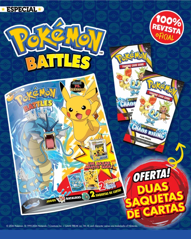 A nova edição da revista Pokémon Battles está de volta às bancas e vem em modo eletrizante: Água vs. Elétrico. 💧⚡️Aprende a fazer um quantos-queres que te dirá quem é o teu perceiro de batalha e diverte-te a descobrir as variadas habilidades das cartas de Pokémon TCG: Mega Evolution.  Torna o teu baralho ainda mais incrível com a oferta que temos para ti: duas saquetas de cartas!