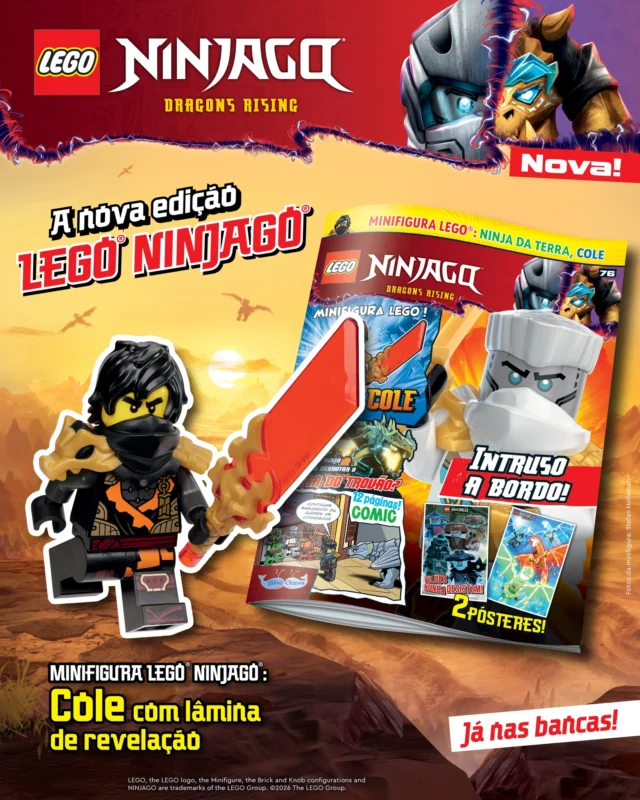 A nova edição da revista LEGO® NINJAGO® já está nas bancas! Junta-te aos Ninja em missões incríveis e salva o mundo dos vilões. Recebe ainda, de oferta, a minifigura original do Cole com lâmina de revelação.