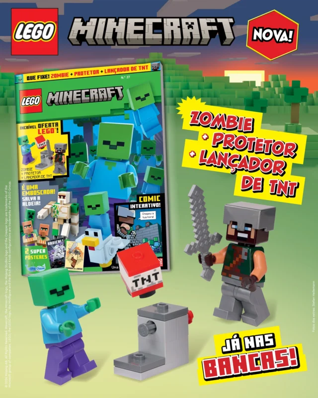 Chegou às bancas uma nova edição da revista LEGO® Minecraft™. Desfruta do comic interativo, dos jogos e muito mais. Além disso, com este número, recebes um conjunto de figuras LEGO® Minecraft™: zombie + protetor + lançador de TNT. Incrível!