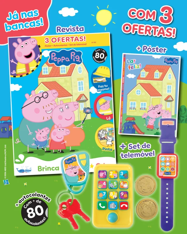 A nova edição da Porquinha Peppa já se encontra nas bancas! A Família Porquinho decide reformar a sua casinha amarela, de forma a que haja espaço para todos, agora que terão a bebé Evie. Mas as coisas não correm logo como esperado… O que terá acontecido? Diverte-te com a nova história e com as atividades que preparámos para ti. De oferta, recebes um set de telemóvel que inclui: telemóvel + relógio + chaves + moedas! Oinc!