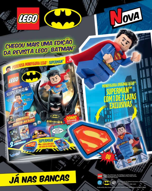 🦇 A tua espera acabou! Já chegou às bancas uma nova edição da revista LEGO® Batman!

Nesta edição, vais descobrir tudo sobre um dos heróis mais icónicos da DC: Superman! 💥 Além disso, podes divertir-te com os teus heróis favoritos através de inúmeras atividades e de um comic superdivertido.

🎁 E ainda recebes de oferta uma minifigura LEGO® do Superman com umas latas incríveis!

Pronto para salvar Gotham? Vem daí! 🦸
