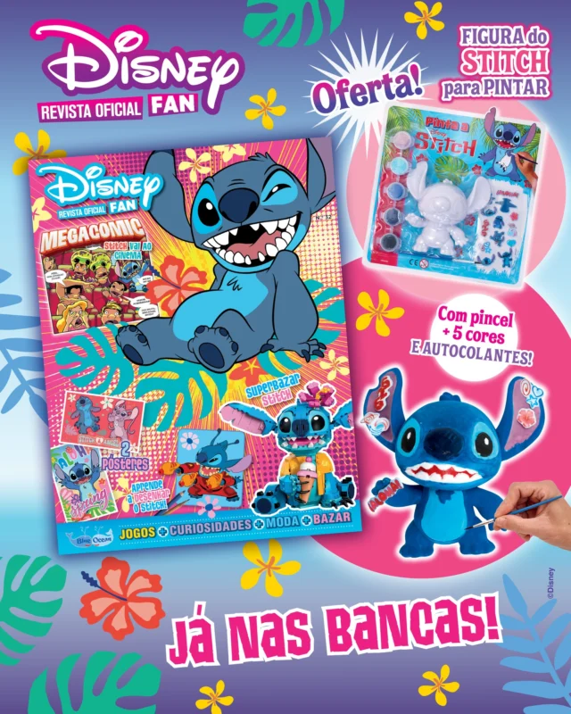 A nova da Disney Fan está de volta às bancas e traz de volta o teu alienígena preferido: o Stitch! Fica a saber mais sobre o novo filme de Star Wars: "The Star Wars Mandalorian and Grogu" e desperta a tua criatividade com as diversas atividades que preparámos para ti. De oferta, tens uma figura megagira do Stitch para pintar: contém 1 pincel, 5 cores e, ainda, autocolantes!