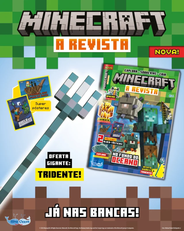 A nova edição da tua revista Minecraft: A Revista já chegou às bancas!
Aprende tudo sobre o oceano e diverte-te com atividades superfixes!
E de oferta? Um tridente brutal para te tornares no verdadeiro rei dos mares!