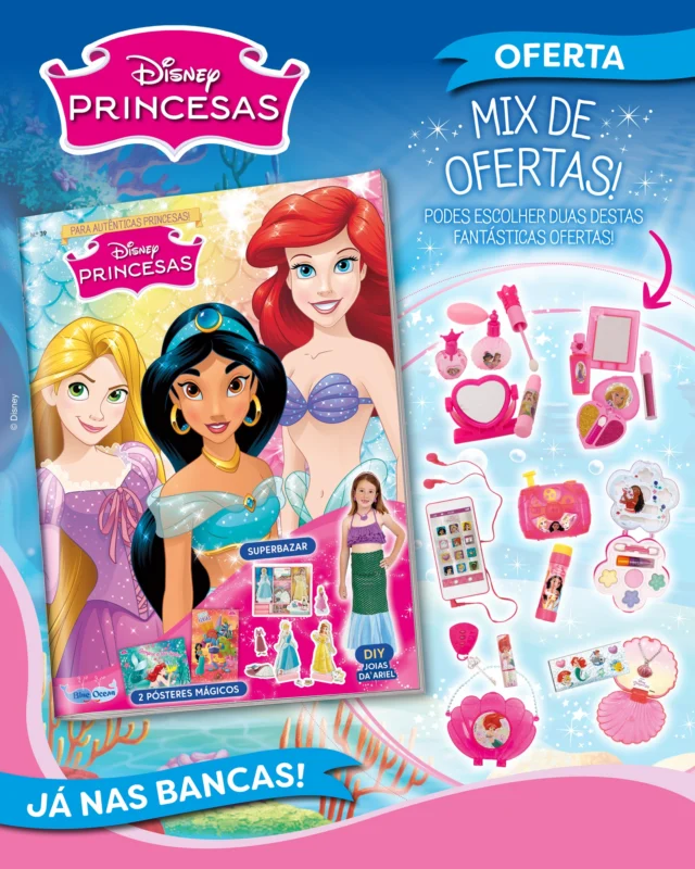 Já está nas bancas a nova edição da revista Disney Princesas! Neste número, aprende a fazer as bonitas joias da Ariel e diverte-te com atividades principescas! Recebe, também,  duas ofertas maravilhosas! ✨🎀