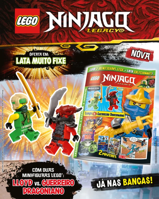 Os Ninja estão prontos para uma nova aventura! Descobre tudo na mais recente edição da revista LEGO® NINJAGO® Legacy. De oferta, recebes ainda as minifiguras LEGO® do Lloyd vs. Guerreiro draconiano.