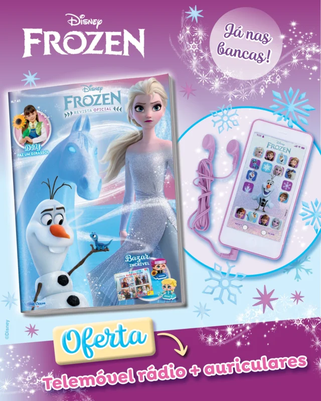 A nova edição da Frozen está de volta às bancas! 💙✨ Na nova história que temos preparada para ti, fala-se sobre a importância dos atos de bondade e saber partilhar! Diverte-te com todas as atividades que preparámos para ti e aprende a fazer um girassol: damos-te todos os passos! De oferta, recebes um telemóvel rádio + auriculares! Que incrível!❄️❄️