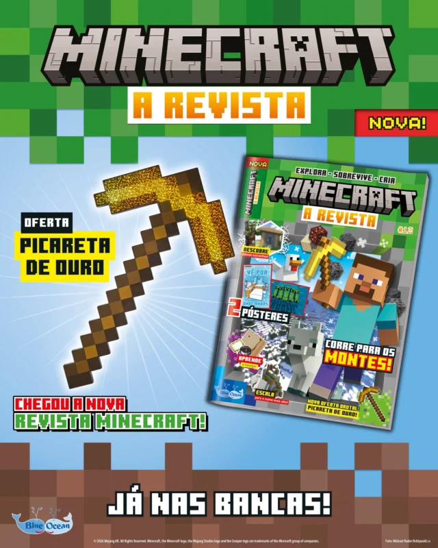 Adivinha o que já está a chegar! A nova edição de Minecraft: A Revista!

Aprende a navegar pelo universo de Minecraft, a encontrar o norte e o sul e descobre que equipamento levar sempre contigo! Explora os biomas montanhosos e com encostas, conhece as criaturas que vivem nestes locais e prepara-te para novas aventuras.

E não é tudo! De oferta, tens ainda uma picareta de ouro para poderes minerar no incrível mundo pixelado de Minecraft.

Já disponível no teu quiosque, não percas! Corre antes que esgote! ⛏🤩