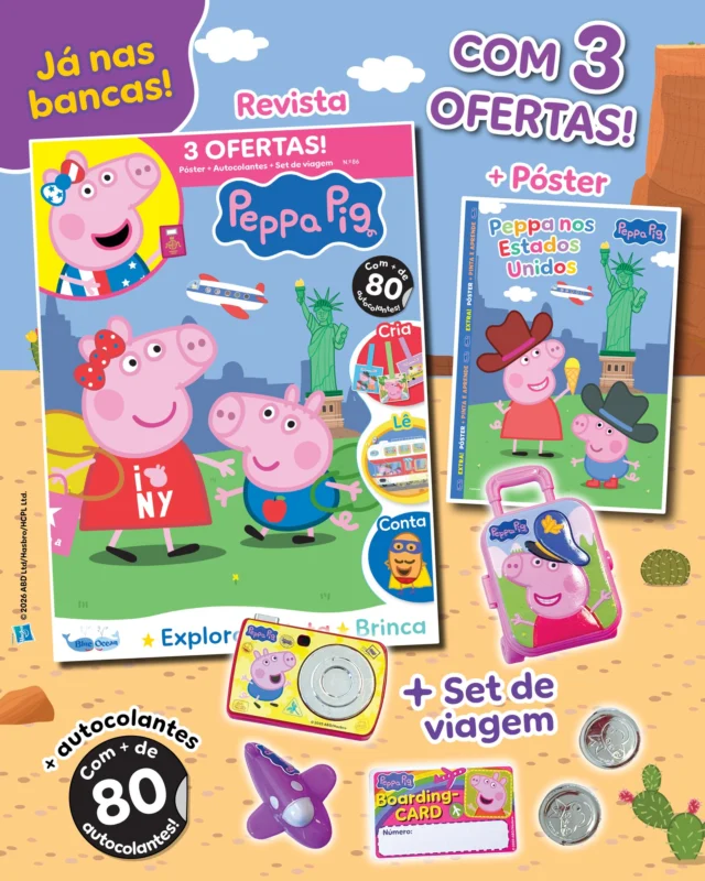 A nova edição da Porquinha Peppa já está nas bancas. Junta-te a ela e à sua família numa viagem ao estrangeiro e diverte-te a descobrir todas as atrações turísticas que eles foram visitar e tudo o que aprenderam! Aprende também a fazer etiquetas para as tuas malas para quando fores de viagem! De oferta, recebes um set de viagem que inclui: câmara + mala de viagem + moedas + cartão de embarque + avião! Oinc!