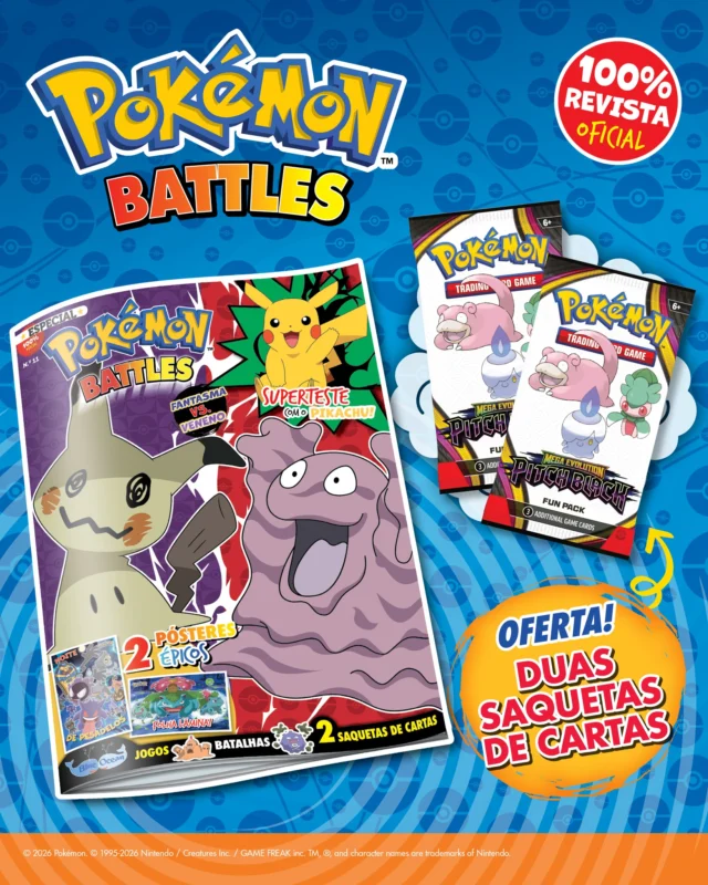 A nova edição da revista Pokémon Battles está de volta às bancas e traz novas batalhas: Fantasma vs. Veneno! Qual destes tipos consideras o mais forte? Diverte-te com todos os jogos que preparámos para ti e descobre mais sobre a nova expansão de Mega Evolution. Torna o teu baralho ainda mais incrível com a oferta que temos para ti: duas saquetas de cartas! ⚡⚡