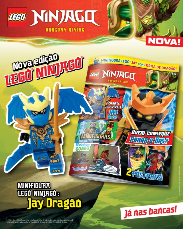 Os Ninja estão desejosos de entrar numa aventura! Junta-te a eles nesta nova edição da revista LEGO NINJAGO e diverte-te! Recebes, ainda, de oferta esta minifigura original do Jay Dragão.