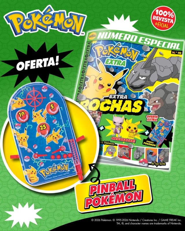Os Pokémons do tipo Rocha vieram fazer-te uma visita, para que possas aprender tudo sobre este tipo! Afinal, nunca se sabe se, um dia, não tens a chance de capturar um! Nesta edição da Pokémon Extra, recebes ainda um jogo de pinball Pokémon para competires com os teus amigos. Diverte-te!