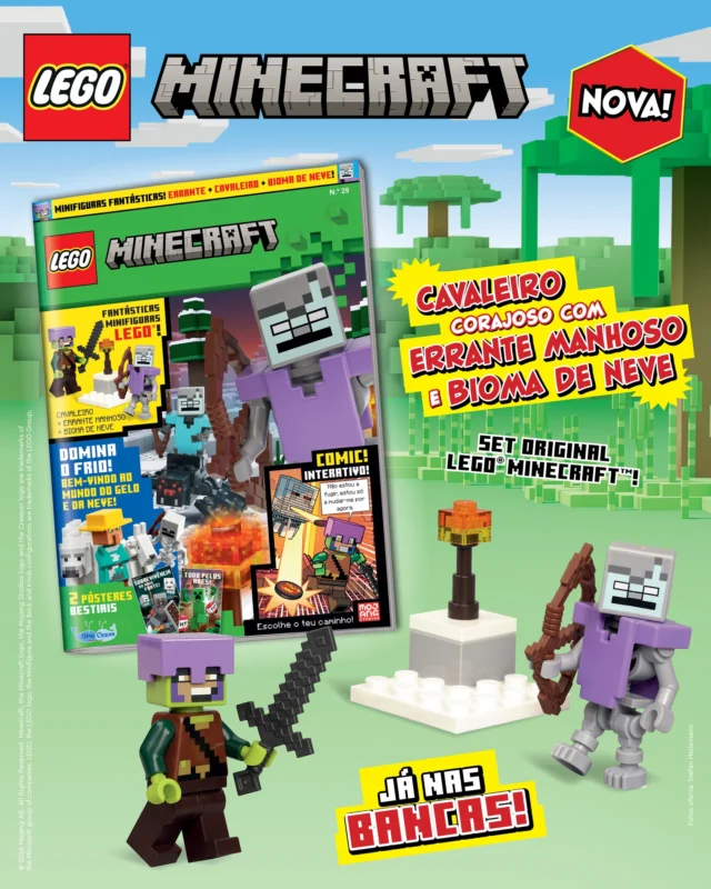 Chega às bancas uma nova edição da revista LEGO® Minecraft™. Desfruta do comic interativo, dos jogos e muito mais. Além disso, com este número, recebes um conjunto de figuras LEGO® Minecraft™: cavaleiro + errante + bioma de neve. Incrível! ⛏🪨