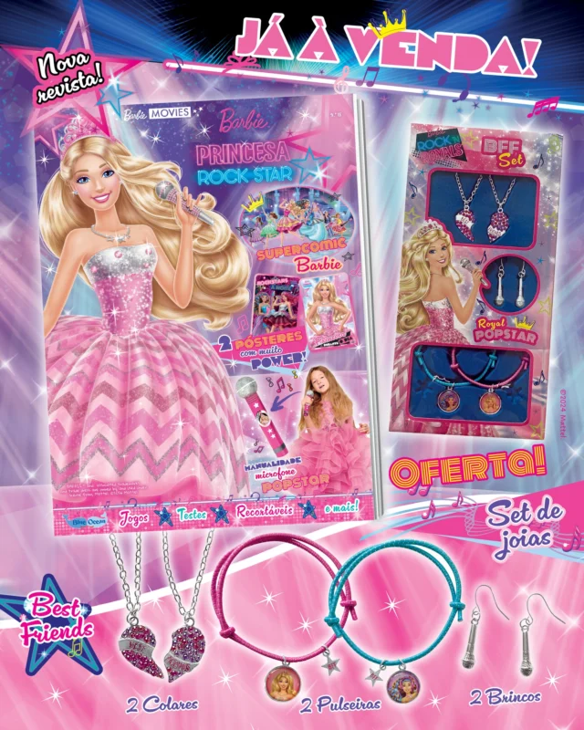 Desta vez, a Barbie participa num Acampamento Pop 🎵 e convida-te a mostrares o teu talento musical 🎤. Faz o teu passe  VIP Rock 'N Royals e entra nesta aventura! E, como é tão bom partilhar, podes dividir o teu set de joias 💍, que recebes como oferta, com a tua BFF 👭!

#blueoceanentertainment #blueoceanportugal #barbie #barbierocknroyals #bestfriends #bff #revista