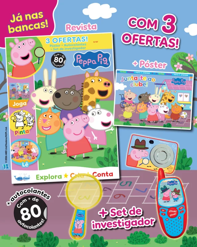 A nova edição da Porquinha Peppa já está nas bancas. Junta-te à Peppa e aos amigos no clube dos detetives e ajuda-os a resolver todos os mistérios que preparámos para ti! Aprende também a fazer uns binóculos megafixes para ires nas tuas aventuras de detetive! De oferta, recebes um set de investigador que inclui: câmara + telemóvel + lupa! Oinc! 🩷✨