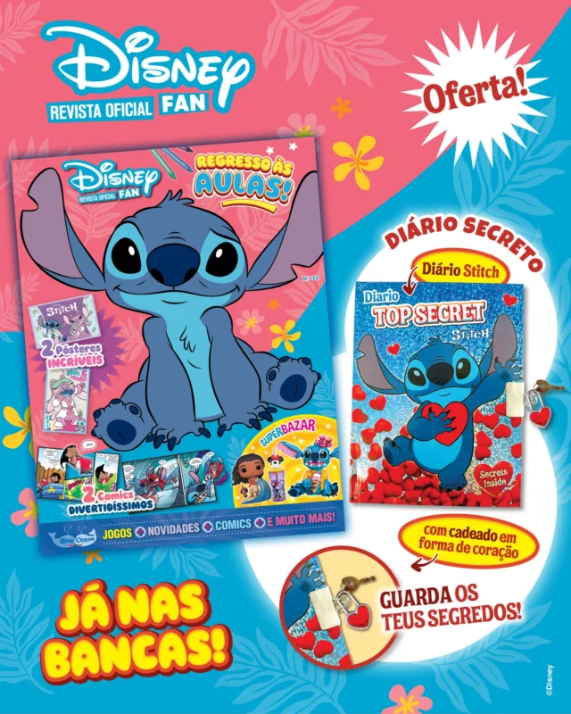 A Disney Fan está de volta às bancas e traz o teu alienígena preferido: o Stitch! Diverte-te com as atividades que preparámos para ti, lê  o comic superengraçado do Stitch e fica a saber mais sobre a Angel! De oferta, tens um diário megagiro com um cadeado em forma de coração, para escreveres todos os teus segredos! Incrível! ❤️🔐