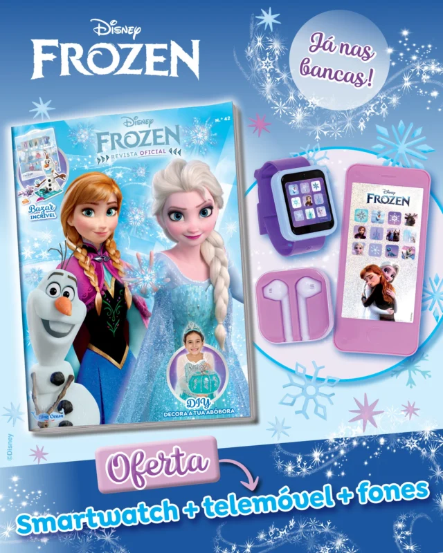 A nova edição da Frozen já está nas bancas! Nesta nova história, que preparámos para ti, o Olaf não vai desistir enquanto não conhecer este ser misterioso que ronda o palácio! Diverte-te também com as atividades megagiras que preparámos para ti e aprende a decorar uma abóbora digna da realeza: ensinamos-te todos os passos! De oferta, recebes ainda um telemóvel, um smartwatch e uns fones! Que magnífico!❄️✨