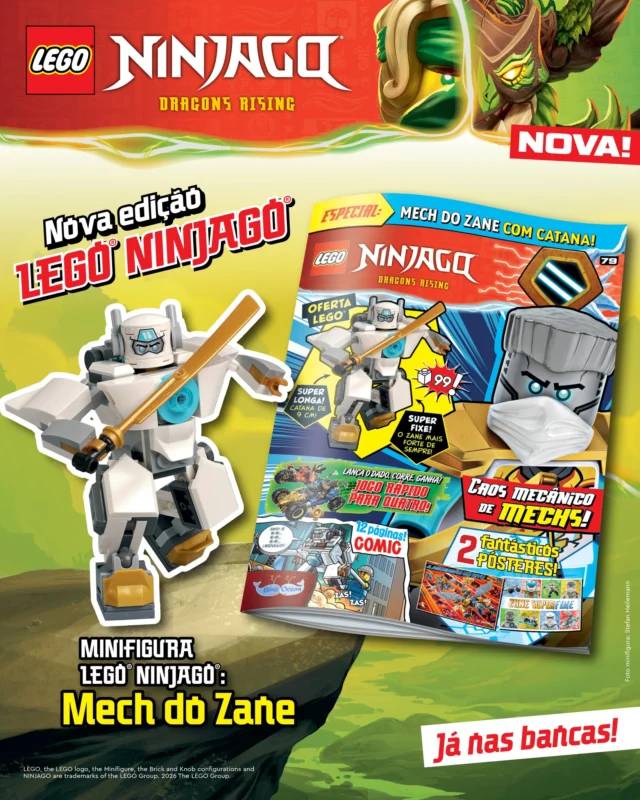 A nova edição da revista LEGO® NINJAGO® já está nas bancas! Junta-te aos Ninja em missões incríveis e salva o mundo dos vilões. Recebe ainda, de oferta, a minifigura original Mech do Zane.