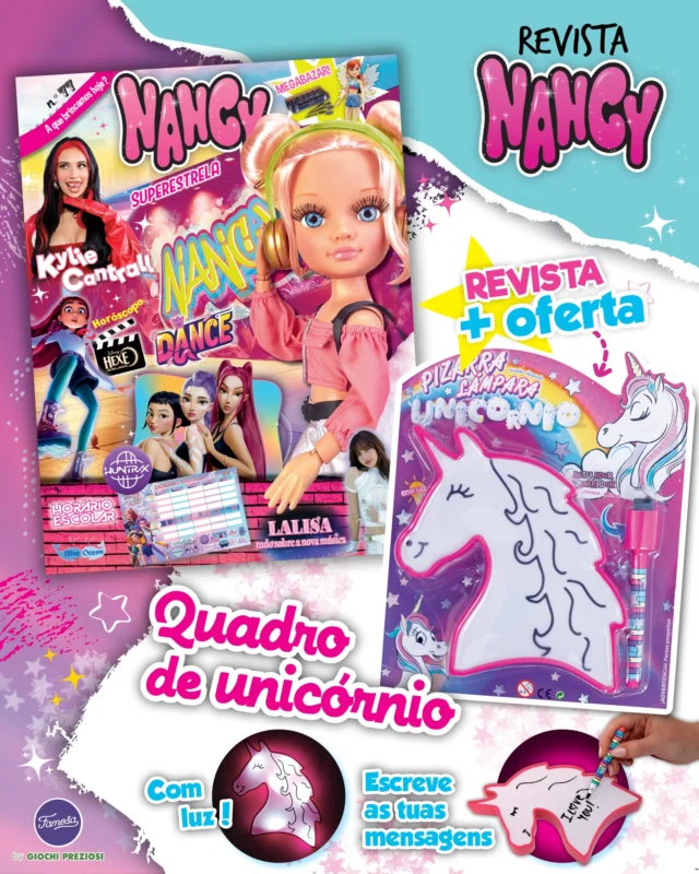 Já tens a nova revista da Nancy? 🌸 Esta edição está cheia de novidades e atividades superdivertidas! Escreve mensagens incríveis no quadro de luz em forma de unicórnio, que vem de oferta, e torna o teu quarto ainda mais fofo! ✨🩷
