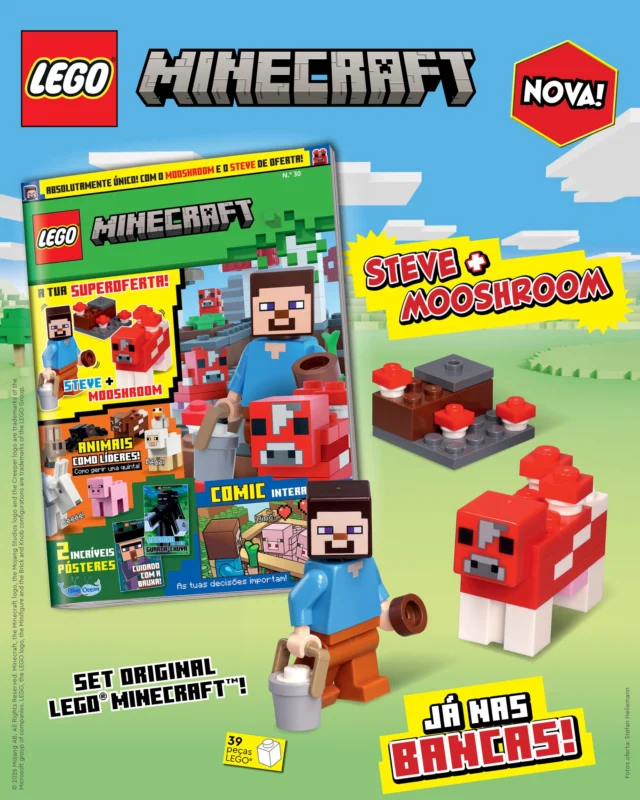 Chega às bancas uma nova edição da revista LEGO® Minecraft™. Desfruta do comic interativo, dos jogos e muito mais. Além disso, com este número, recebes um conjunto de figuras LEGO® Minecraft™: Steve + Mooshroom. Incrível!