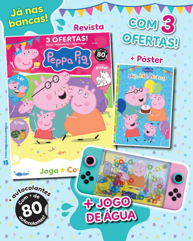 A nova edição da Porquinha Peppa já está nas bancas! Fica a saber o que a Família Porquinho vai partilhar nesta edição e aprende com a Peppa como podemos partilhar uma boa notícia! Aprende também a fazer chapéus de festa para celebrares em grande! De oferta, recebes um jogo de água megafixe! Oinc! 🩷✨